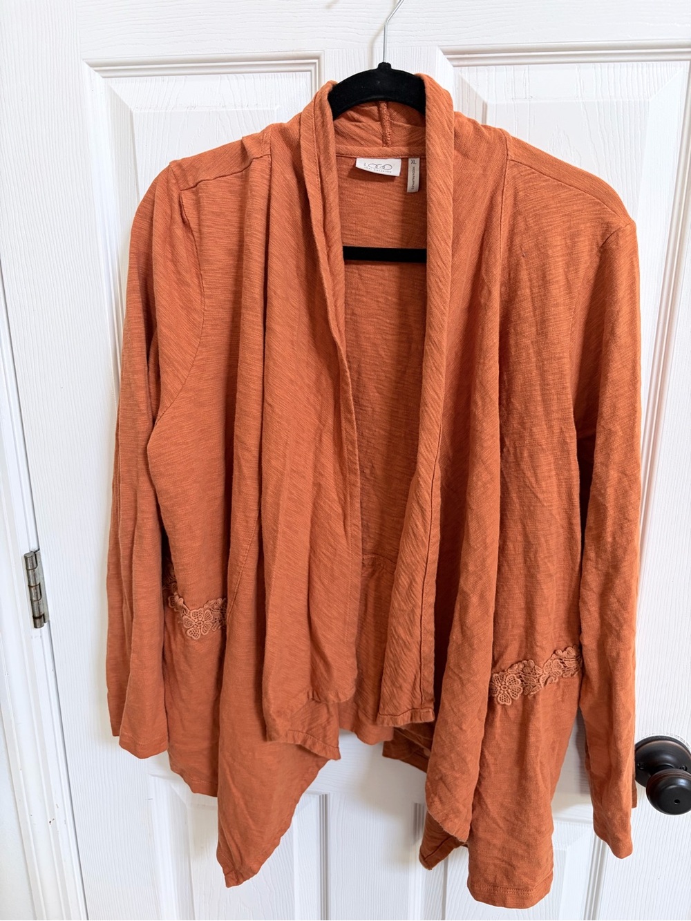 LOGO by Lori Goldstein Rust Orange Open-Front Cardigan with pockets Size XL lace